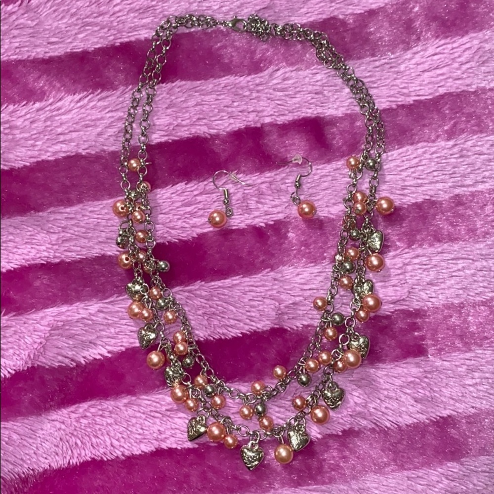 Pink heart necklace with earrings